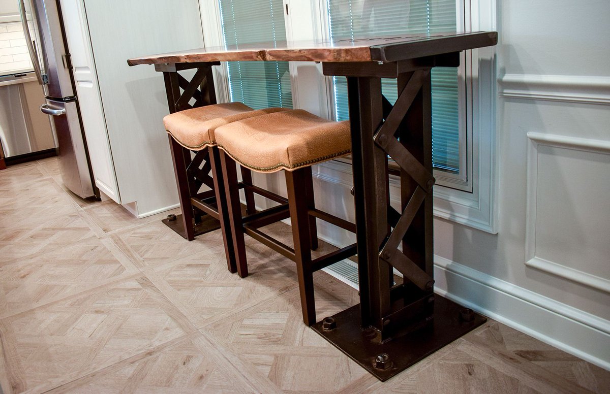 Studio76Kitchen's tweet photo. Cute custom table in a condo kitchen. If you don't have room in your apartment or condo for a large table, consider a custom  counter height table like this one! It gives you a eat-in space and a window seat view! https://t.co/BXpEIFiA7m