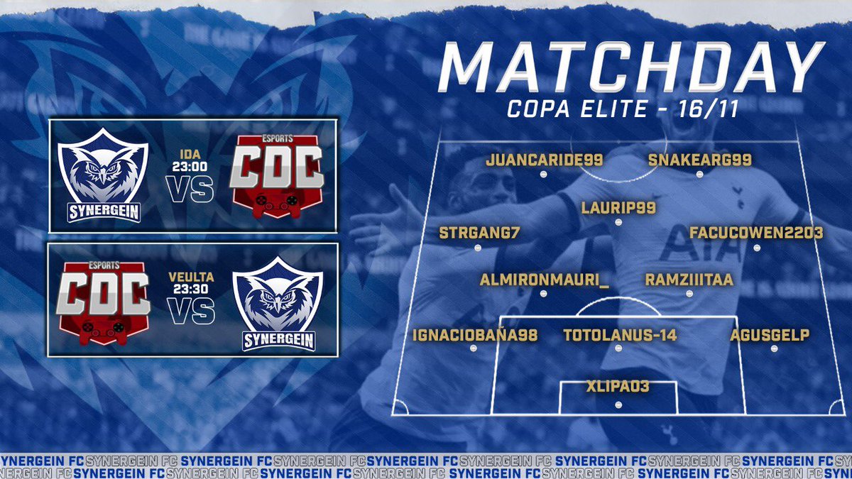 #Synergein | #CopaELITE 

🗓️IDA
🕚23:00
🆚<a href="/eSportsCamba14/">Cambaceres eSports</a> 

🗓️VUELTA
🕚23:30
🆚 <a href="/eSportsCamba14/">Cambaceres eSports</a> 

📺 Twitch.tv/synergeinfc

#VamoSynergein 🦉