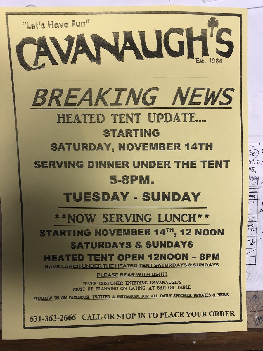 CavanaughsPub's tweet image. TENT NEWS!!!! New times, weather permitting. Please follow on Facebook, Twitter &amp;amp; Instagram for daily tent updates. #underthetent #cavs #bluepointave #bbpcommunity #bayportbluepoint #BBPSTRONG #CAVANAUGHSBP
