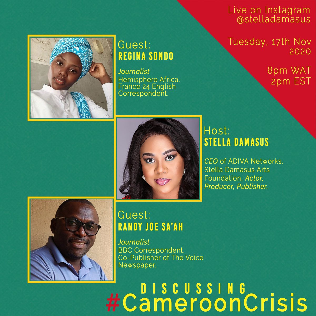 ComfortMussa's tweet photo. Tomorrow, Nigerian Actress &amp; Producer @stelladamasus  will host a conversation to discuss the crisis in Cameroon. #AnglophoneCrisis

Her guests will be @ReginaSondoM  &amp; BBC's Randy Joe. It will be live on IG

#EndAnglophoneCrisis https://t.co/MXgTC3DG3L