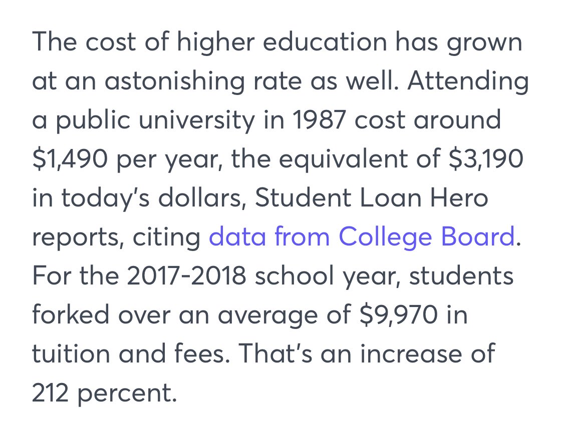 likely didn’t know better as they, too, had been propagandized into thinking I had to be in college. That’s first off, but more importantly, the cost of college has far outpaced wage growth. In 1987, the cost of a 4 year undergraduate degree was $12,760.