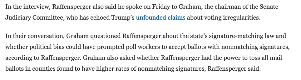 Georgia SoS Brad Raffensperger says Sen. Lindsey Graham asked him if it would be possible to toss all mail ballots in places where there were higher rates of signature mismatch. Raffensperger said he was stunned. https://t.co/Benk91yziz via @AmyEGardner https://t.co/0qJb6vAJyO