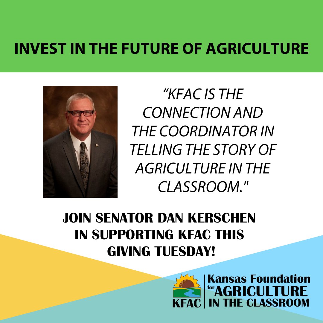 KsAgClassroom's tweet photo. Join Senator Dan Kerschen in supporting KFAC on December 1st for Giving Tuesday! Learn more about why Dan supports KFAC here: https://t.co/Kny7BrtIWd https://t.co/1zkhXtPTM0