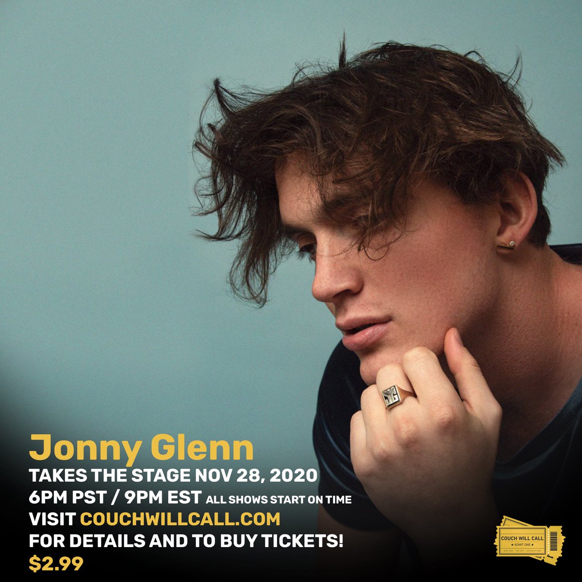 CouchWillCall's tweet photo. Get ready for our next concert! Jonny Glenn will be performing on Couch Will Call on November 28th!! He hits the stage at 6PM PST/ 9PM EST and you don’t want to miss it 🎶. Click the link in our bio to purchase your ticket now🎫 🔥 

#couchwillcall #quarantine #jonnyGlenn #music https://t.co/Ap5oRKSDRz