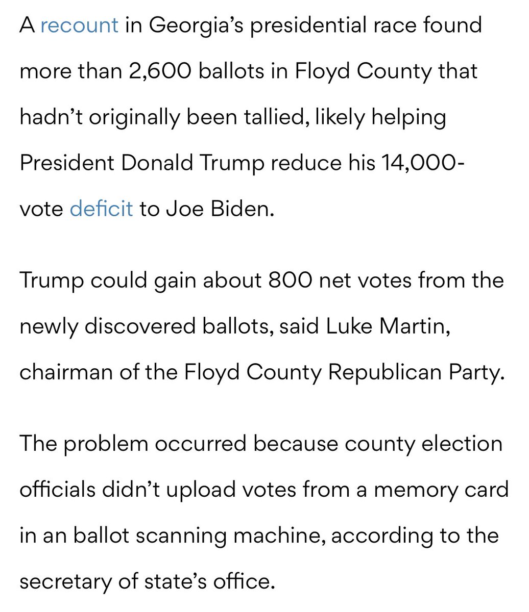 jennybethm's tweet photo. BREAKING: Hand recount revealed that an election official in Floyd County, Georgia did not upload nearly 2600 votes from a memory card into the scanning machine.

A large majority of these votes were for President Trump.

GA must have a full audit. https://t.co/0mKrTjv55p
