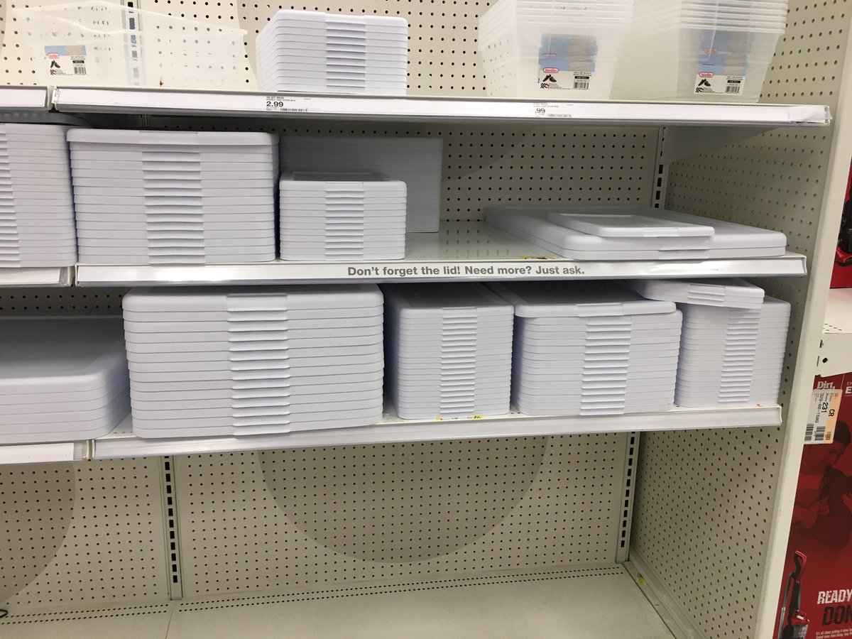 MichelleSadaran's tweet photo. @Target so I’m at my 4 store and again only lids no boxes. This time your employee at the North Brunswick location said people buy the quart size bottoms but don’t take the lids. There’s 30 lids here. That’s a lot of lids left behind. https://t.co/R7WNU1fhPZ