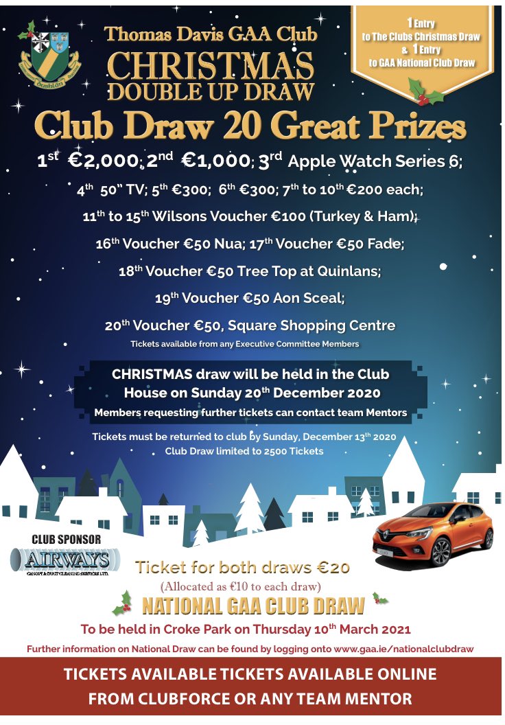 tomasdaibhis's tweet photo. The Christmas double up draw was launched last weekend, tickets €20 which include our Christmas draw and the GAA national draw..Online tickets are available to purchase through Clubforce https://t.co/nutXvZooco Paper tickets are available from usual sellers and the takeaway food https://t.co/JzzrTtSg6E