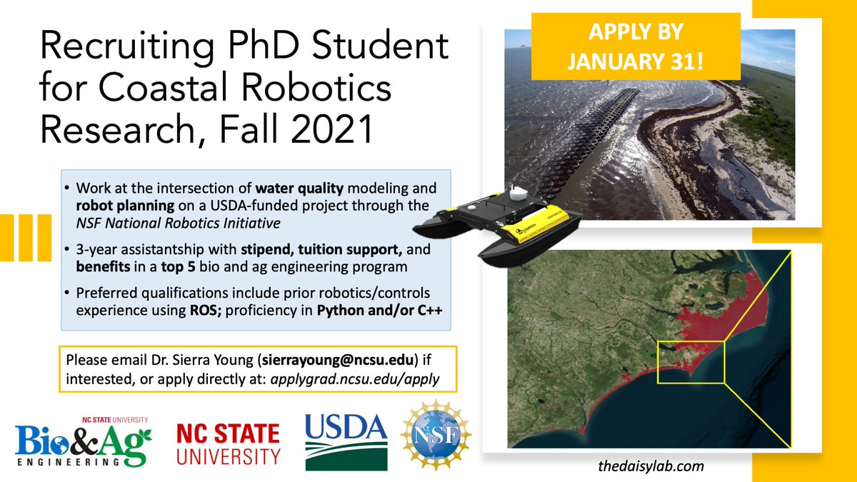 SierraNYoung's tweet photo. 📢 Recruiting alert! 📢 Looking to add one PhD student to the #DAISyLab team starting in Fall 2021 to work on robotics for sustainable aquaculture production. Details on the flyer below. Please share widely! #aquaculture #robotics #digitalaquaculture https://t.co/mlmgfa5LEJ