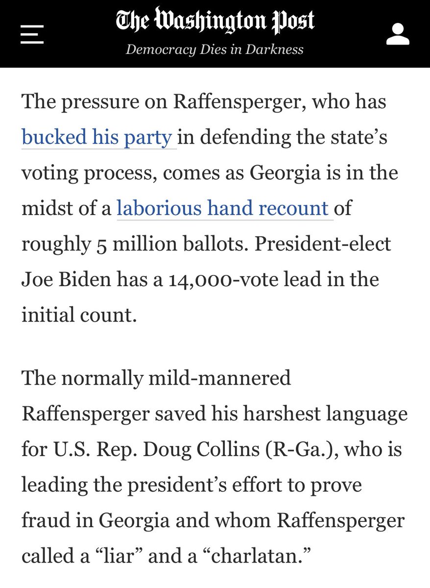 The  @GaSecofState said fellow Republicans, including  @LindseyGrahamSC &  @RepDougCollins, have pressured him to question the validity of legally cast absentee ballots to reverse Trump’s loss:  https://www.washingtonpost.com/politics/brad-raffensperger-georgia-vote/2020/11/16/6b6cb2f4-283e-11eb-8fa2-06e7cbb145c0_story.htmlA corrupt attempt to deny democracy by Chairman of  @senjudiciary