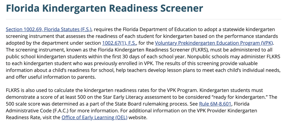 Florida's love of tests is longstanding and deeply embedded in education in that state. I mean FL has a Kindergarten Readiness Screener test. think on that. kindergarten. readiness.
