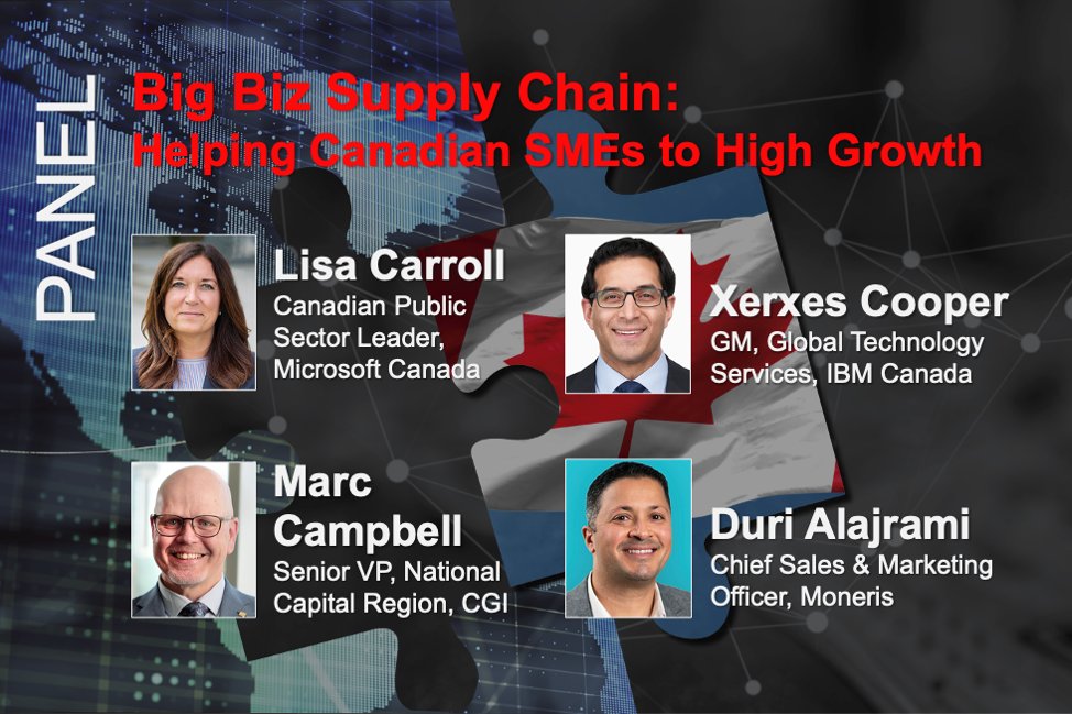 TECHNATIONca's tweet photo. Big Biz Supply Chain: Helping Cdn SMEs Scale to High Growth. On Nov 19 hear from Canada’s big tech leaders steering the way in support of #TechSMEs - @LisaCarrollCda @microsoftcanada, @MarcCampbellCGI,  @xerxescooper @IBMCanada, &amp; @Duriajrami @Moneris https://t.co/ibLArfvkeM https://t.co/zSPA9pFhDB