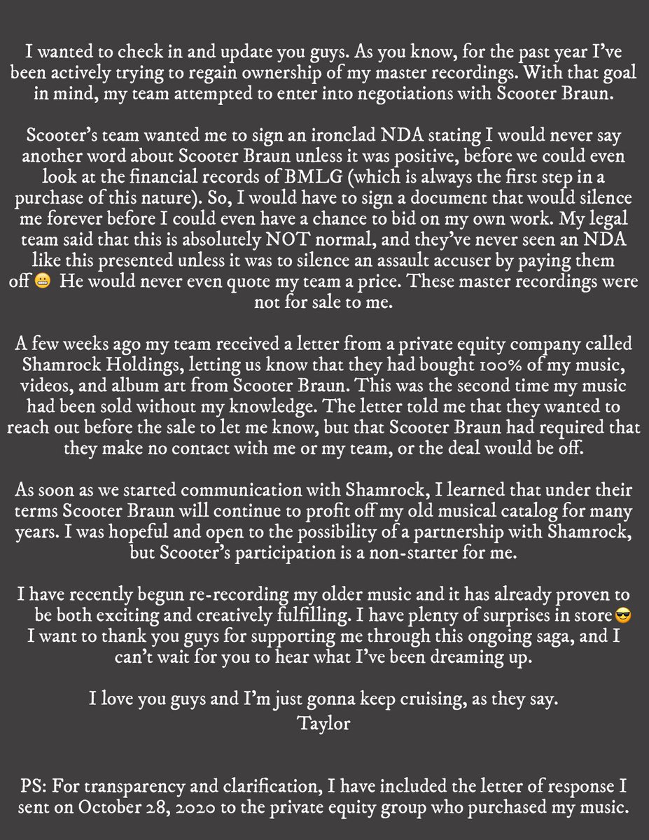 Ødelægge Anemone fisk Isbjørn Taylor Swift on Twitter: "Been getting a lot of questions about the recent  sale of my old masters. I hope this clears things up.  https://t.co/sscKXp2ibD" / Twitter