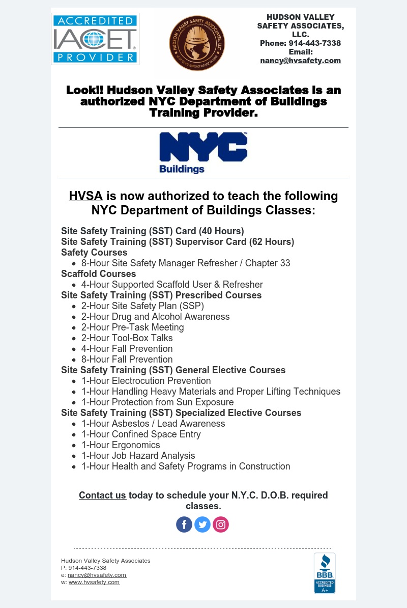 SafetyHudson's tweet photo. HVSA is now an authorized NYC Department of Buildings Training Provider. Call us today @ 914-443-7338 or email us at: nancy@hvsafety.com. @NYCDOB #OSHA @OSHA_DOL https://t.co/3OKMl6bWMJ