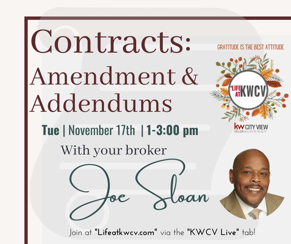 KW_cityview's tweet image. Tuesday Reminders! Tomorrow, November 17th we will have the following classes/ events! 

Team Meeting: Gratitude = Happiness at 11am
Phone Duty: Sign Up for phone duty at 12pm
Contracts: Amendment &amp;amp; Addendums 1-3pm

#Lifeatkwcv #kwcv