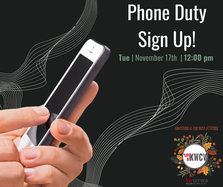 KW_cityview's tweet image. Tuesday Reminders! Tomorrow, November 17th we will have the following classes/ events! 

Team Meeting: Gratitude = Happiness at 11am
Phone Duty: Sign Up for phone duty at 12pm
Contracts: Amendment &amp;amp; Addendums 1-3pm

#Lifeatkwcv #kwcv