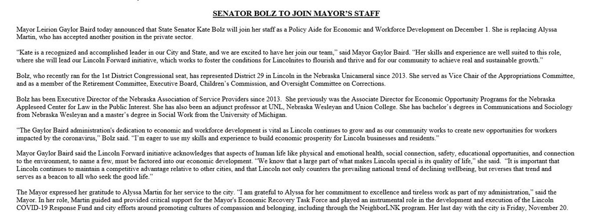 I’m pleased to share that I will join the Gaylor Baird administration, working to promote economic and employment opportunity for Lincoln.