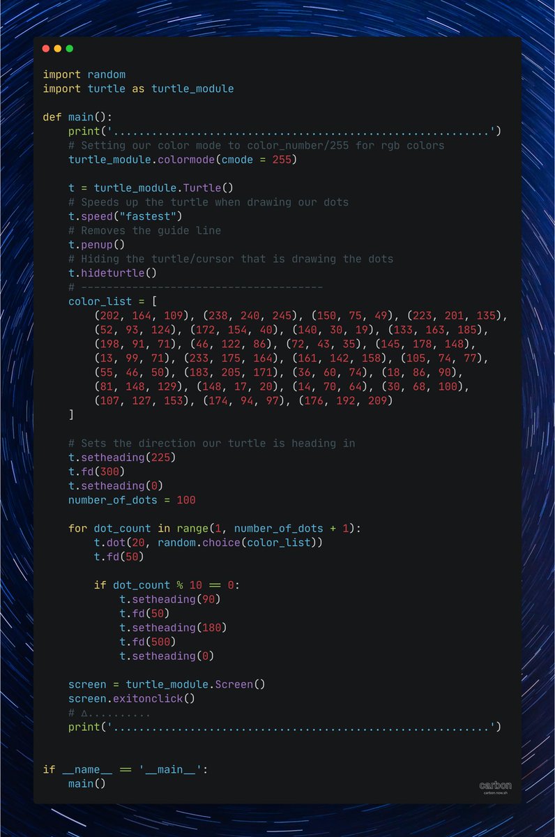 Alias_One11's tweet image. #100DaysOfCode working with #pythonturtle creating a #gui with 100 dotted lines #alias_one11