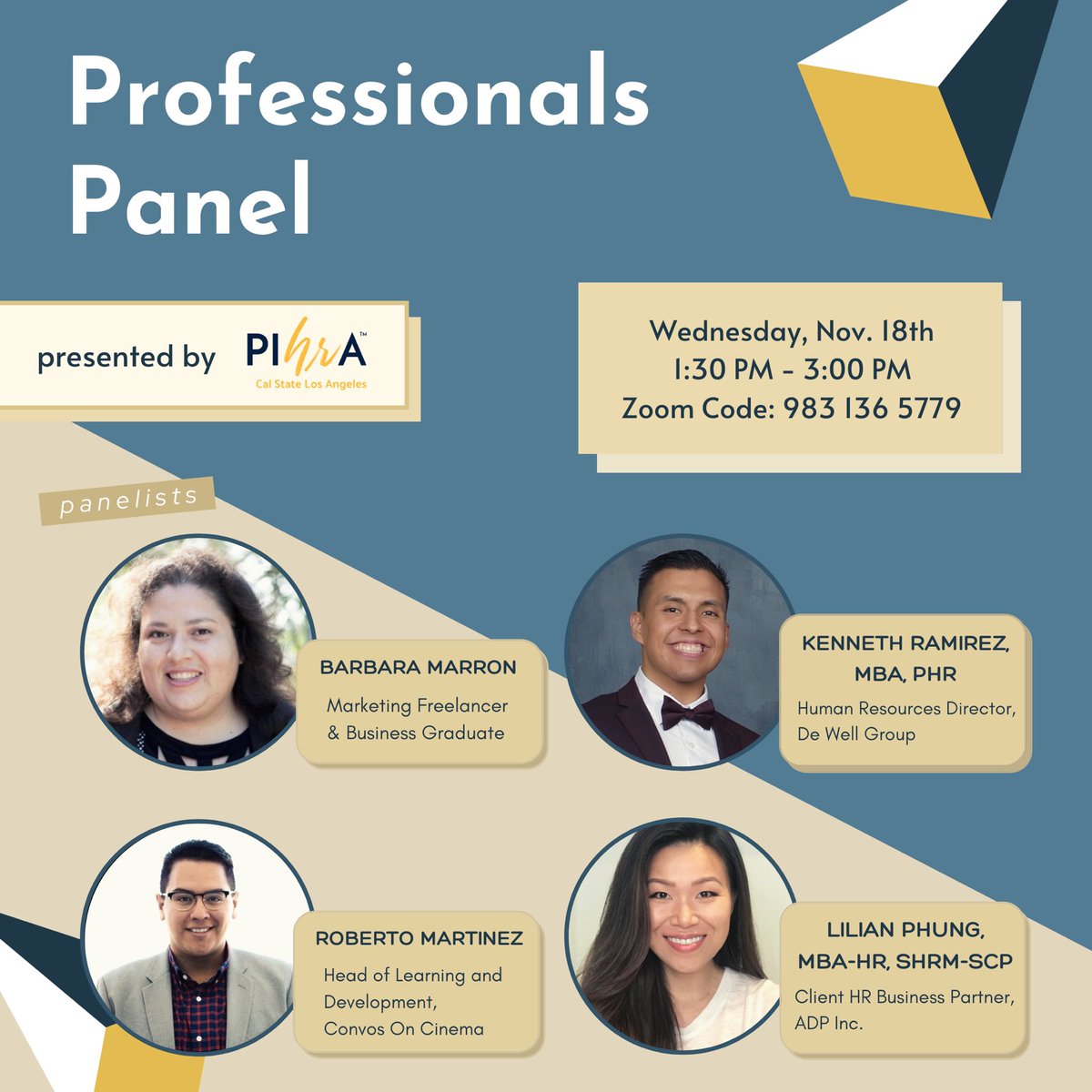 CSULA_PIHRA's tweet image. This Wednesday, November 18th, PIHRA Cal State LA will be hosting a Professionals Panel from 1:30 pm - 3:00 pm. 😊

Participating members have a chance to be a part of our giveaway for a free gift basket! 🤩

Join us through zoom by using the code: 983 136 5779
#pihracsula