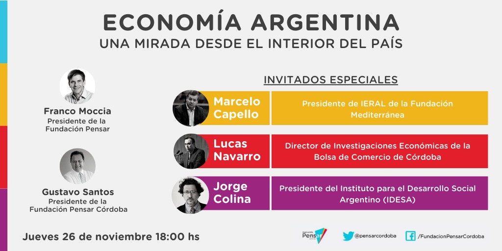 El 26/11 a las 18 hs, tendremos junto a <a href="/francomoccia/">Franco Moccia</a> el 1° Foro Económico de <a href="/PensarCordoba/">Fundación Pensar Córdoba</a>. Participan @MarCapello, Pdte. de IERAL <a href="/FMediterranea/">Fundación Mediterránea</a>; Lucas Navarro, Dir. de Investig. Económicas de <a href="/BolsaCordoba/">Bolsa de Comercio de Córdoba</a> y Jorge Colina, Pdte. de <a href="/IDESAar/">IDESA - Instituto de investigación</a> Inscripción👉bit.ly/3lCPbmb