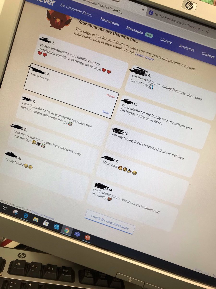 BTetreault6's tweet photo. @clever has a feature where students can write what they are thankful for. I checked it not expecting to see any responses and was amazed to see what they wrote😭 @DeChaumesESHISD https://t.co/kVRZhqvg8v