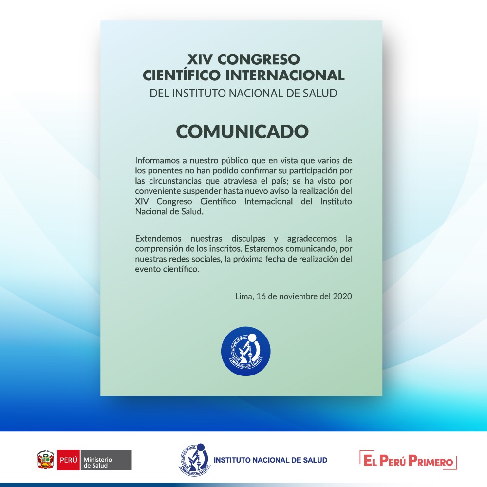 INS_Peru's tweet photo. #ComunicadoINS
Informamos que el XIV Congreso Científico Internacional del INS ha sido suspendido.
Gracias por su comprensión, pronto anunciaremos la próxima fecha https://t.co/BWO8I1X0R2