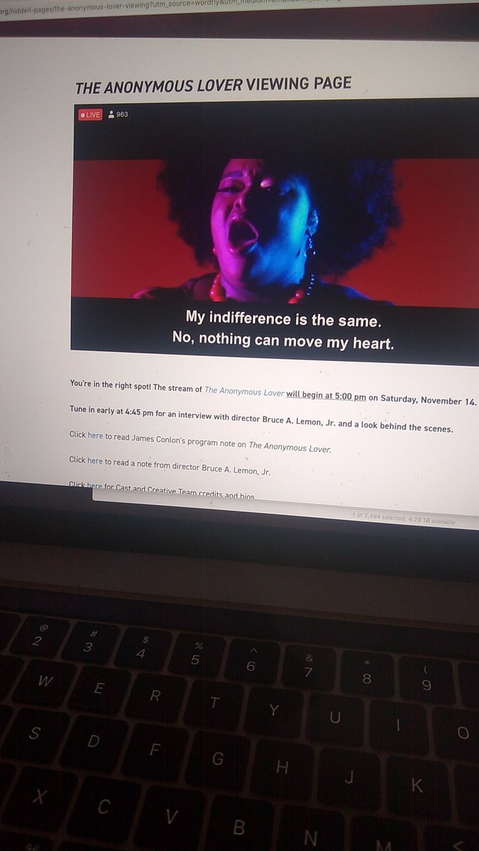 megafunkmega's tweet photo. @LAOpera Excited and confused. New experience though it does remind me technically of some of the Classic Arts channel movies I used to watch years ago. Thanks for this production. #laopera #theanonymouslover https://t.co/1yiHUIjqWJ