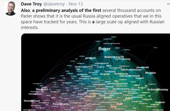 7. "This is a large-scale op aligned with Russian interests"  @davetroy, disinformation specialistAnalysis of the first several thousand Parler accounts revealed "the usual Russia aligned operatives that we in this space have tracked for years"Parler now has 10million+ users.