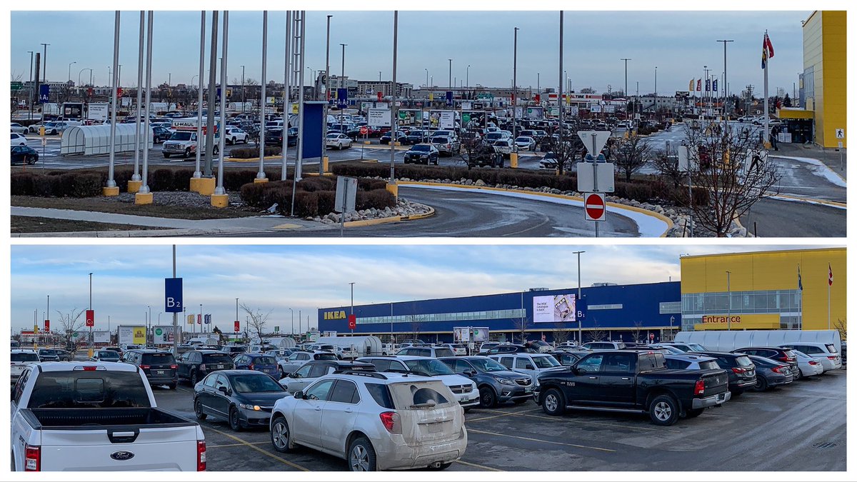 If you own a furniture and home accessories store, your shop can’t be open, but the parking lot at IKEA had several hundred cars in it. No line up at the entry. 3/8