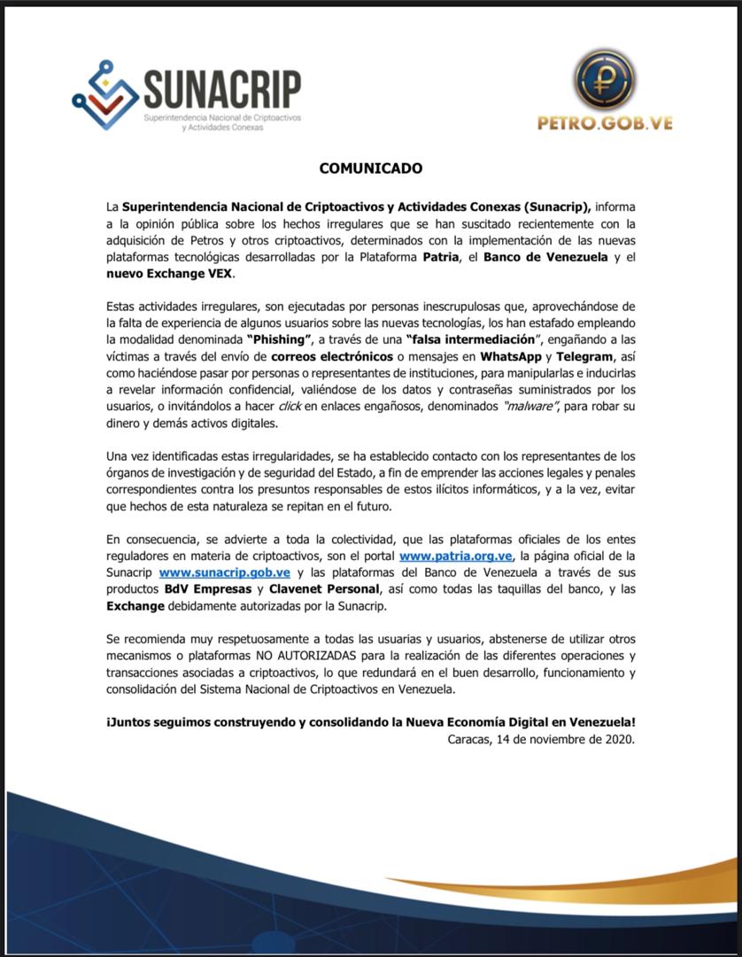 VTVcanal8's tweet photo. #ENTÉRATE🗣️ | Sunacrip alertó sobre hechos irregulares registrados con la adquisición de Petros y otros criptoactivos, determinados con la implementación de las nuevas plataformas tecnológicas desarrolladas por la Plataforma Patria, el Banco de Venezuela y el nuevo Exchange VEX https://t.co/zuFCgV03GC