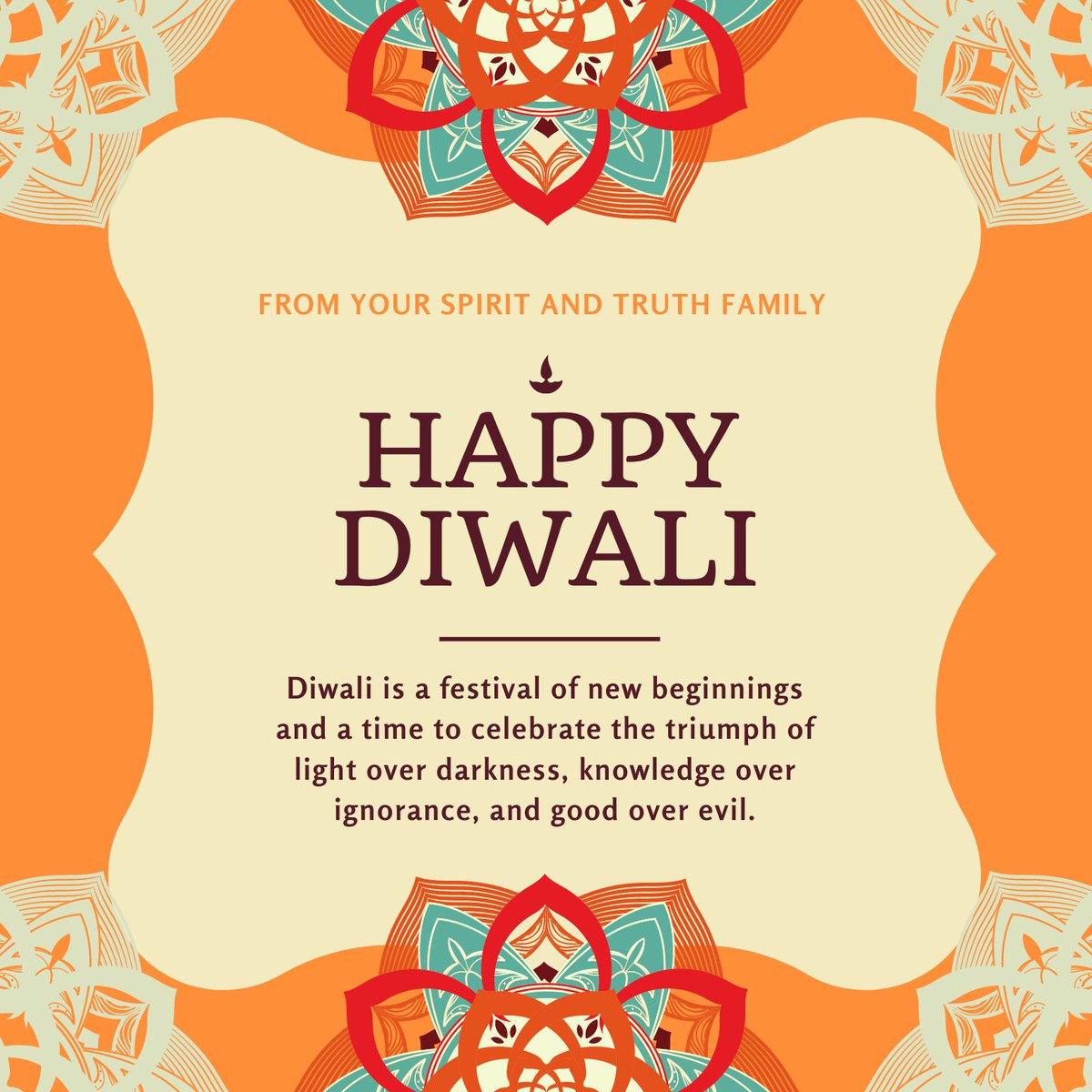 depaulk's tweet photo. Happy Diwali, from your Spirit & Truth Family! Diwali is a festival of new beginnings and a time to celebrate the triumph of light over darkness, knowledge over ignorance, and good over evil.
#spiritandtruthsanctuary #fullyawake #radicallyinclusive #godisinall #love #hope #peace https://t.co/3FXFRQuK1i