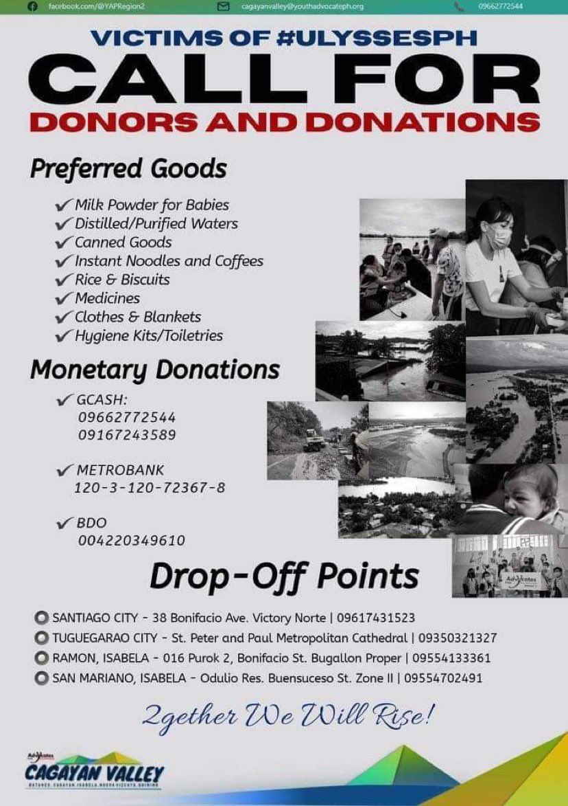 UofRFSA's tweet photo. The effect of Typhoon Ulysses is still seen as certain areas of the Philippines especially the Northern provinces are experiencing high floods.

It would be of great help if you can donate through these donation drives. 
#CagayanNeedsHelp
#IsabelaNeedsHelp
#TuguegaraoNeedsHelp https://t.co/l6lyo4YMor