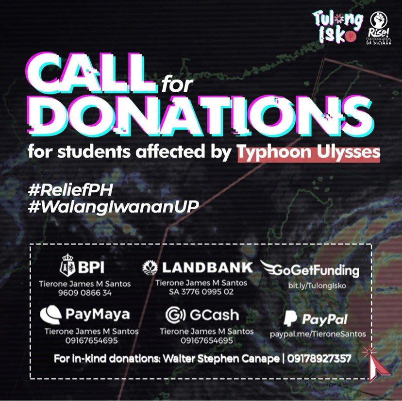 UofRFSA's tweet photo. The effect of Typhoon Ulysses is still seen as certain areas of the Philippines especially the Northern provinces are experiencing high floods.

It would be of great help if you can donate through these donation drives. 
#CagayanNeedsHelp
#IsabelaNeedsHelp
#TuguegaraoNeedsHelp https://t.co/l6lyo4YMor