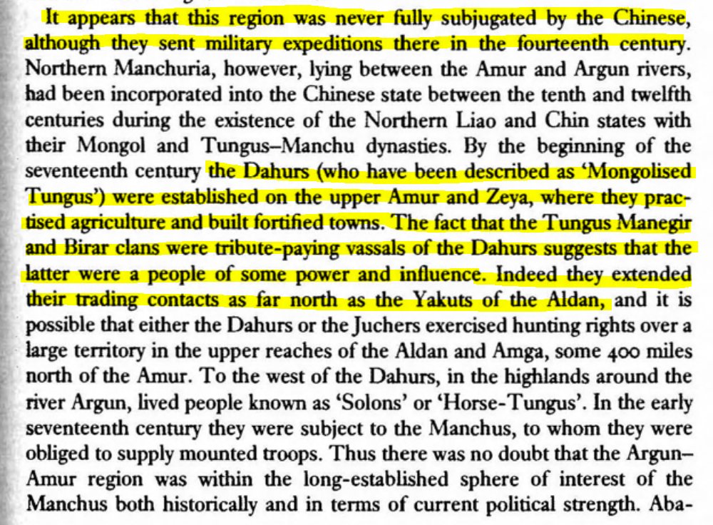 The northern Amur was never fully subjugated by the Chinese. The Dahurs practiced agriculture and built fortified towns. Many other Tungus were their vassals. Russians looked to expand into the Amur to supply Siberia with grain.
