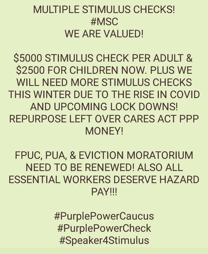 Brooklyn_Darlin's tweet photo. Get big beautiful stimulus CHECKS done ASAP or lose your seat!! America is speaking! #EXECUTIVEORDER4STIMULUS #purplepower #NoMoreExcuses #reliefnow @senatemajldr @realDonaldTrump @stevenmnuchin1 @McConnellPress @SenateGOP @SenateDems @WhiteHouse WE ARE SICK OF SUFFERING https://t.co/AWmVLIxvg2
