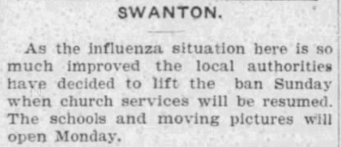 But improvements lead to quick lifts of bans on public gatherings after the initial statewide ban is discontinued on November 3.(source: The  @SAMessenger, November 8, 1918)