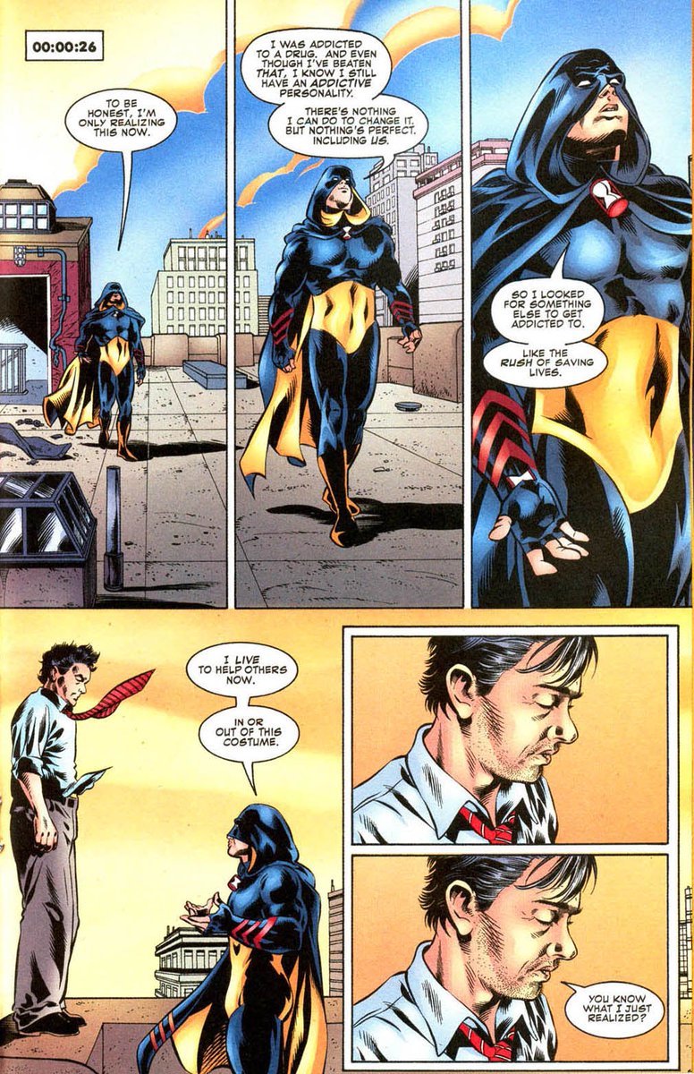 The issue focuses on Rick talking about his issues, realizing that he has an addictive personality and trying to find an outlet was hard for him. He helps saves a man. This issue is very good and shows how far he has come since Infinity Inc.