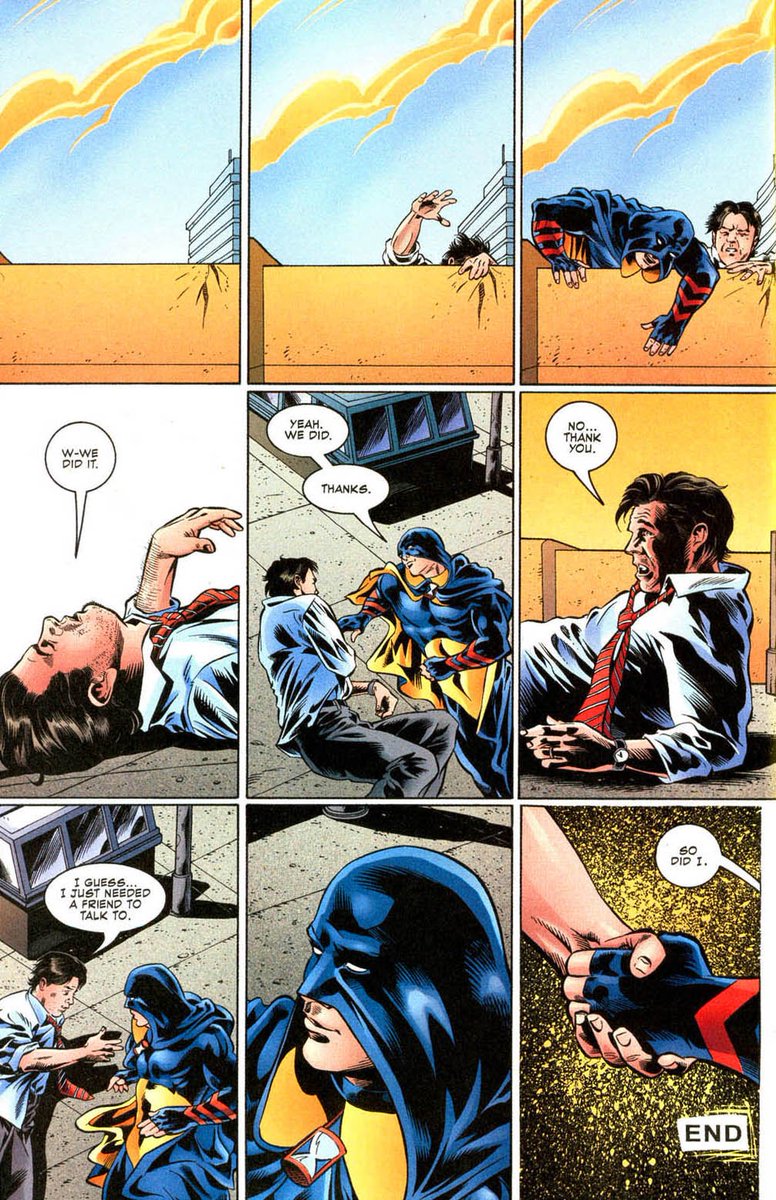 The issue focuses on Rick talking about his issues, realizing that he has an addictive personality and trying to find an outlet was hard for him. He helps saves a man. This issue is very good and shows how far he has come since Infinity Inc.