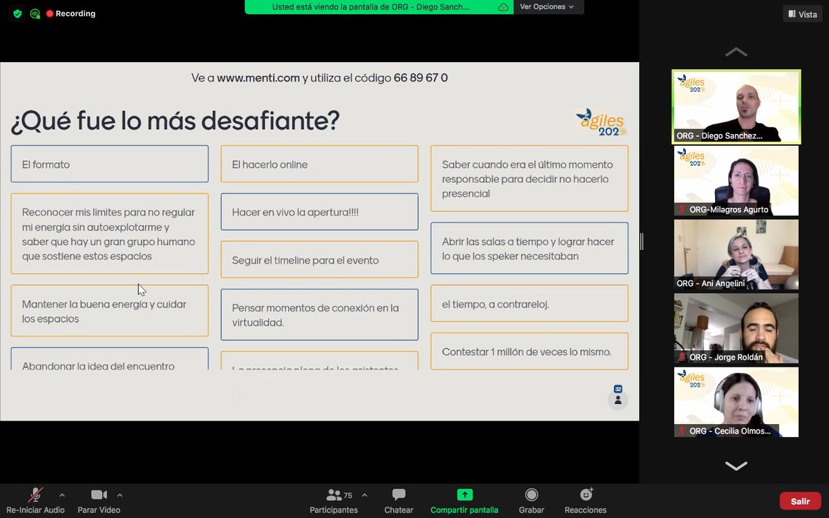 agilesla's tweet photo. Estamos en nuestra retrospectiva, queda menos para el cierre de #Agiles2020
Ahora se escuchan nuevamente las voces de los asistentes
#AgilesConecta #Agiles2020 #retrospectiva https://t.co/BwzrwdoW6r