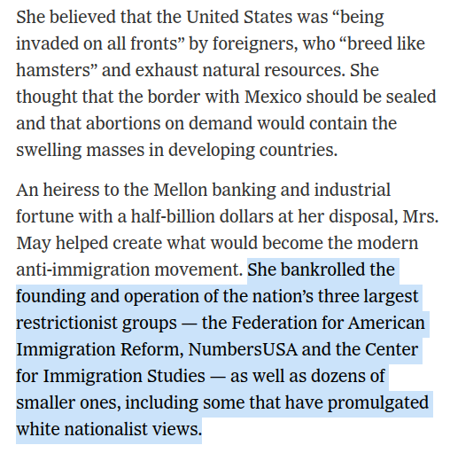 More about Cordelia Scaife May, btw. She croaked fifteen years ago, but her money gets poured into all sorts of anti-immigrant shit. https://www.nytimes.com/2019/08/14/us/anti-immigration-cordelia-scaife-may.html