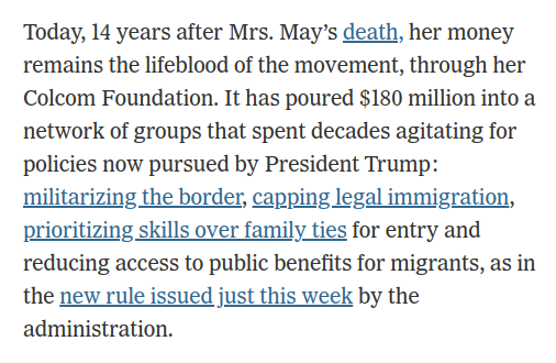 More about Cordelia Scaife May, btw. She croaked fifteen years ago, but her money gets poured into all sorts of anti-immigrant shit. https://www.nytimes.com/2019/08/14/us/anti-immigration-cordelia-scaife-may.html