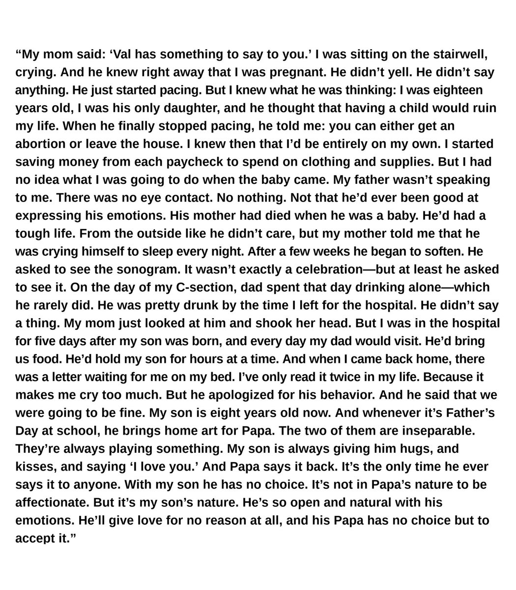 humansofny's tweet photo. “My mom said: ‘Val has something to say to you.’ I was sitting on the stairwell, crying. And he knew right away that I was pregnant. He didn’t yell. He didn’t say anything..." https://t.co/l60LHIi4vQ