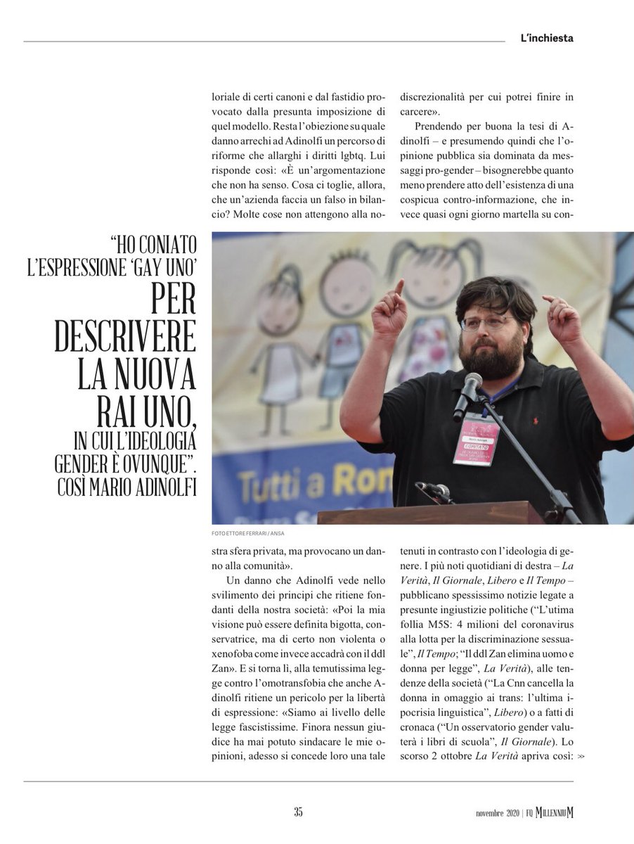 marioadinolfi's tweet photo. Il supplemento del Fatto Quotidiano, Millennium, è arrivato oggi in edicola con un numero tutto dedicato ad inneggiare all’ideologia gender e al ddl Zan. Copertina e 40 pagine per loro, 2 per noi. https://t.co/VUdcwey9Ms