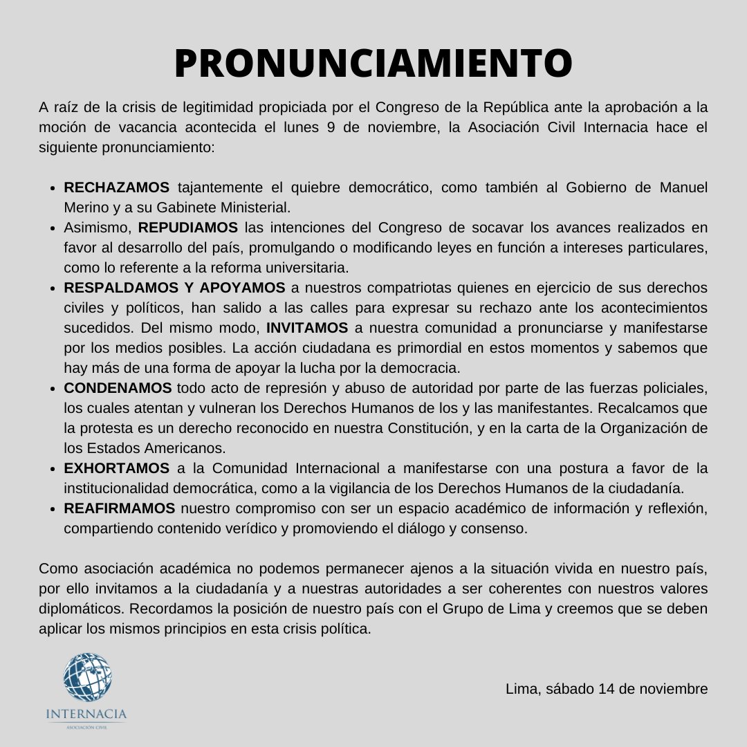 InternaciaPucp's tweet photo. [PRONUNCIAMIENTO DE ASOCIACIÓN CIVIL INTERNACIA] https://t.co/nbLuI1aZdf