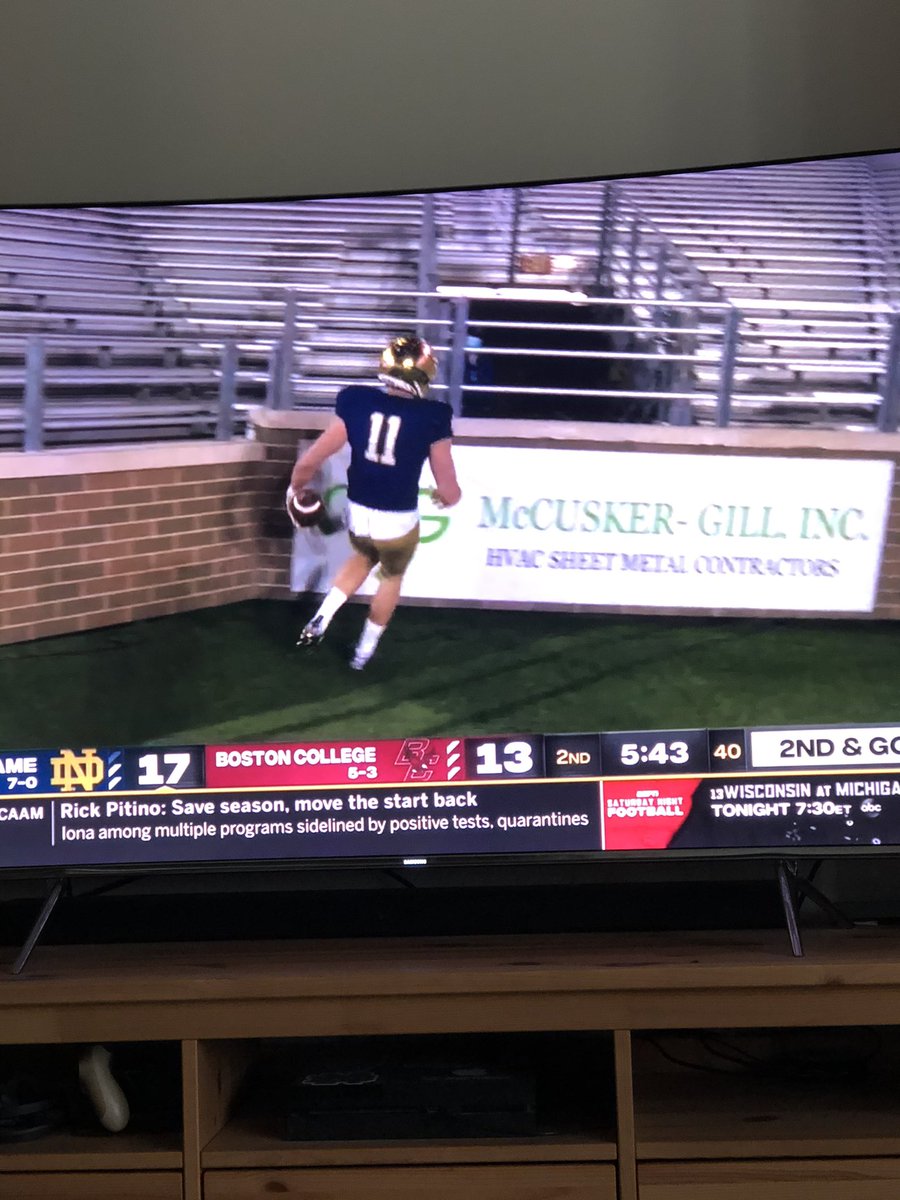 emmarie11's tweet photo. Irish run it in for a touchdown and saw this sign. Is McCusker a traitor and sponsoring Boston College? @Shanemgillis @MSsecretpod https://t.co/qnYZW6sy0I