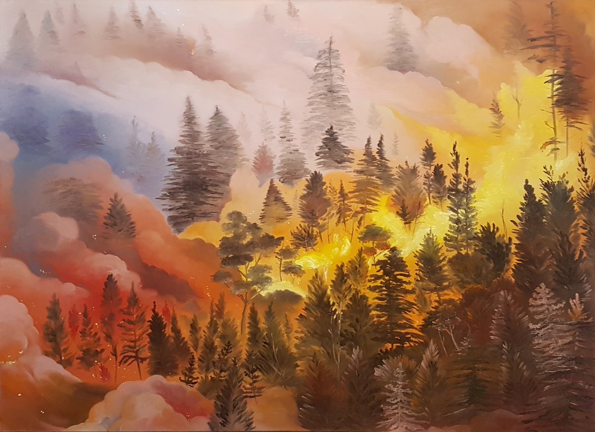 SCyrenity's tweet photo. A massive #oilpainting of #California and her #forests on fire. 
#art #ArtistOnTwitter #landscape #fire #art https://t.co/RkekVdacfs