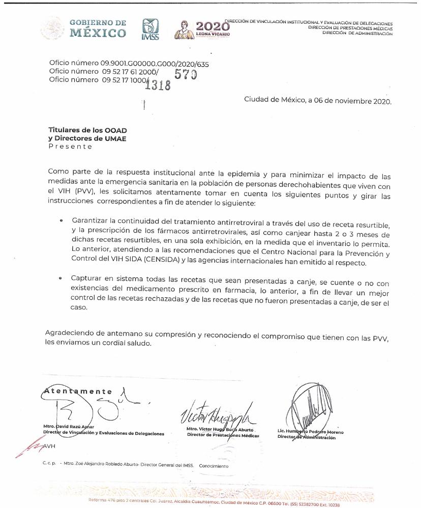 Desde el pasado mes de abril <a href="/Tu_IMSS/">IMSS </a> público las directrices para la entrega de medicamentos antirretrovirales y ahora, frente a la temporada invernal, se sostuvieron reuniones con control de abasto para garantizar el suministro de 2 a 3 meses.