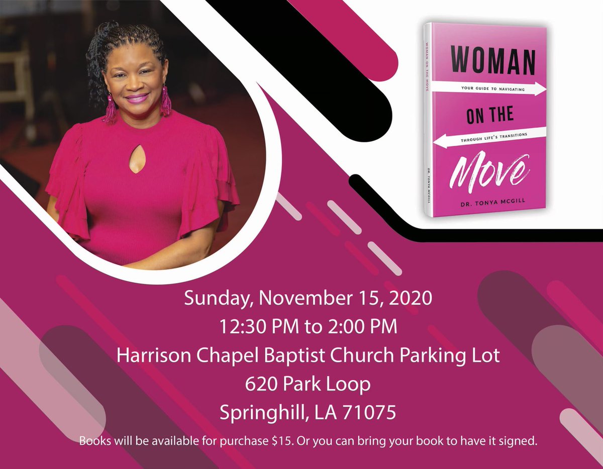 Pen2PadInk's tweet photo. The Woman on the Move tour is on the move! Join author Tonya McGill at her book signing in Louisiana from 12:30pm-2:00pm. You can can purchase a copy there and get your book signed. Hope you enjoy your Sunday afternoon with a signed copy in your hands.

#bookrelease #celebration https://t.co/fXbvJeVlND