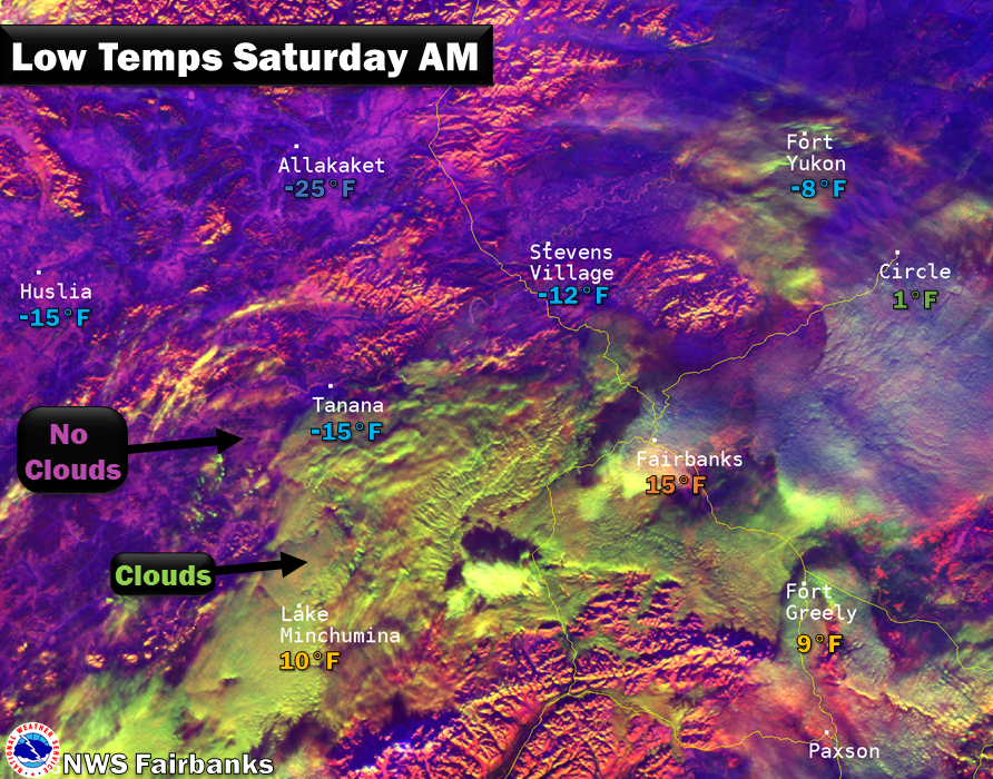 NWSFairbanks's tweet photo. Clouds make a big difference on temperatures during winter in Interior Alaska. This morning, areas under clouds had low temps around 10-15°F, while areas without clouds were -15°F to -25°F. We were lucky here in Fairbanks!
#akwx #cloudsmatter #weather https://t.co/LMBwH3E9r1