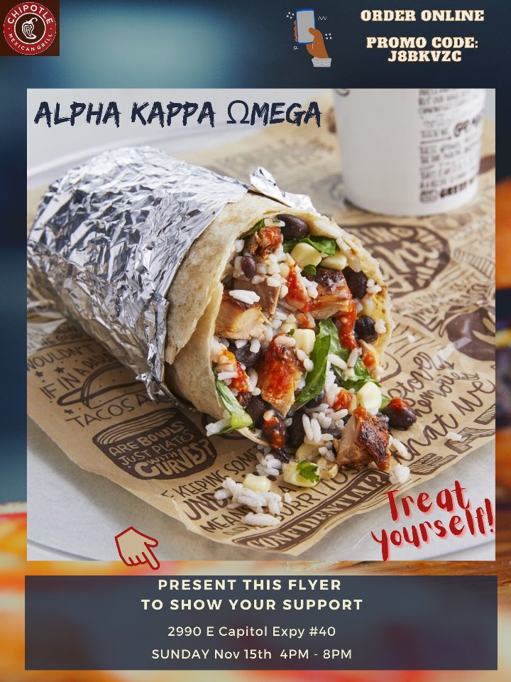 AKOmegaBeta's tweet photo. Tomorrow is our Chipotle fundraiser and show this flyer to support the brothers of Alpha Kappa Omega. Hope to see you there you all there! https://t.co/NMpbxHi7Ml