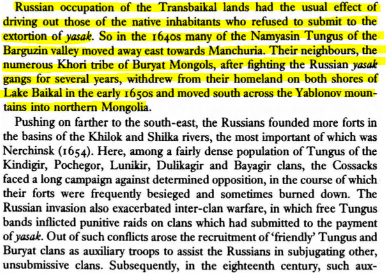Many Siberians who didn't not want to live under Russia rule would migrate away. This happened with the Khori Buryats where they migrated into Northern Mongolia.